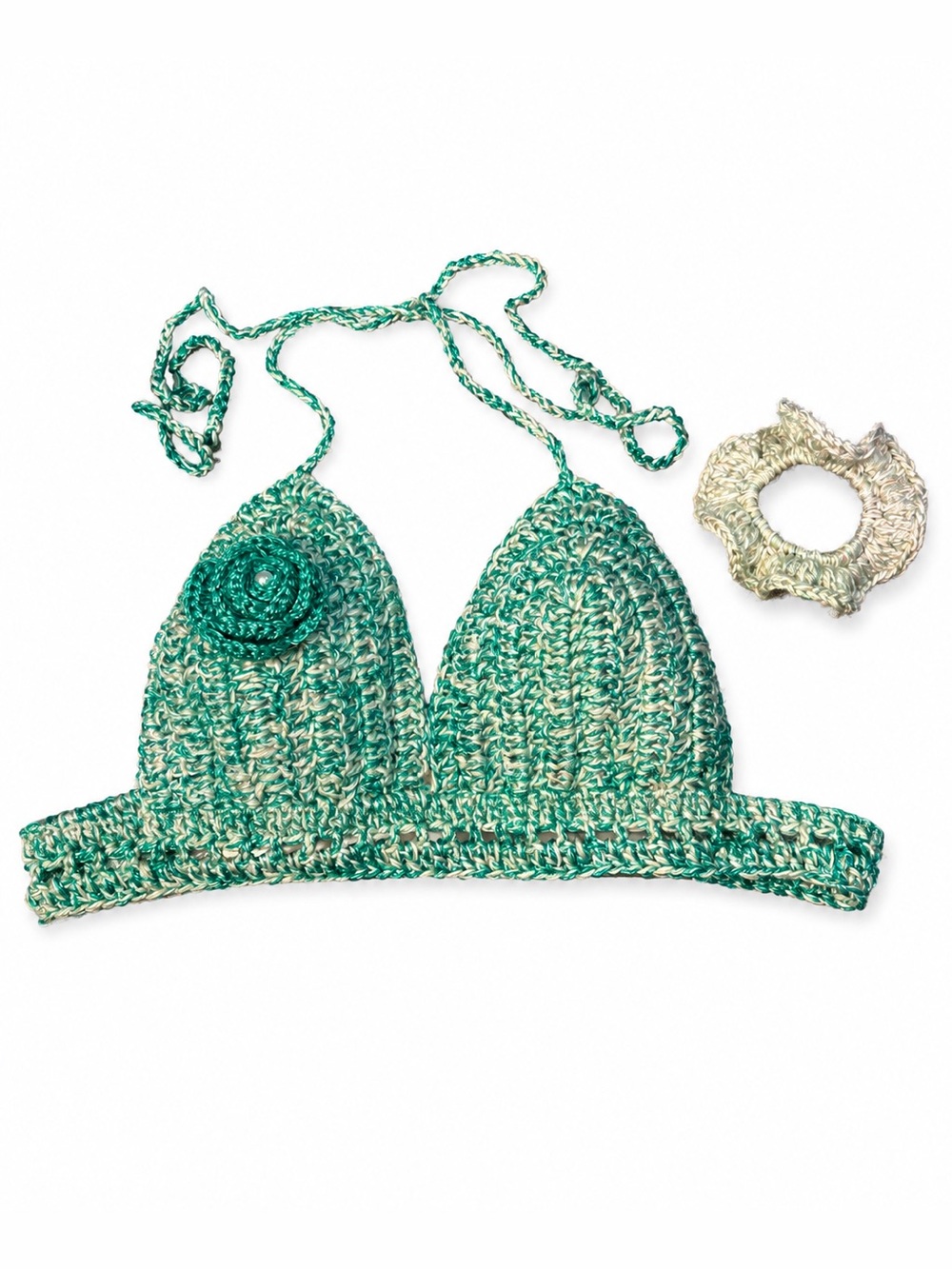Hand-Crocheted Green Triangle Bikini Top with matching scrunchie